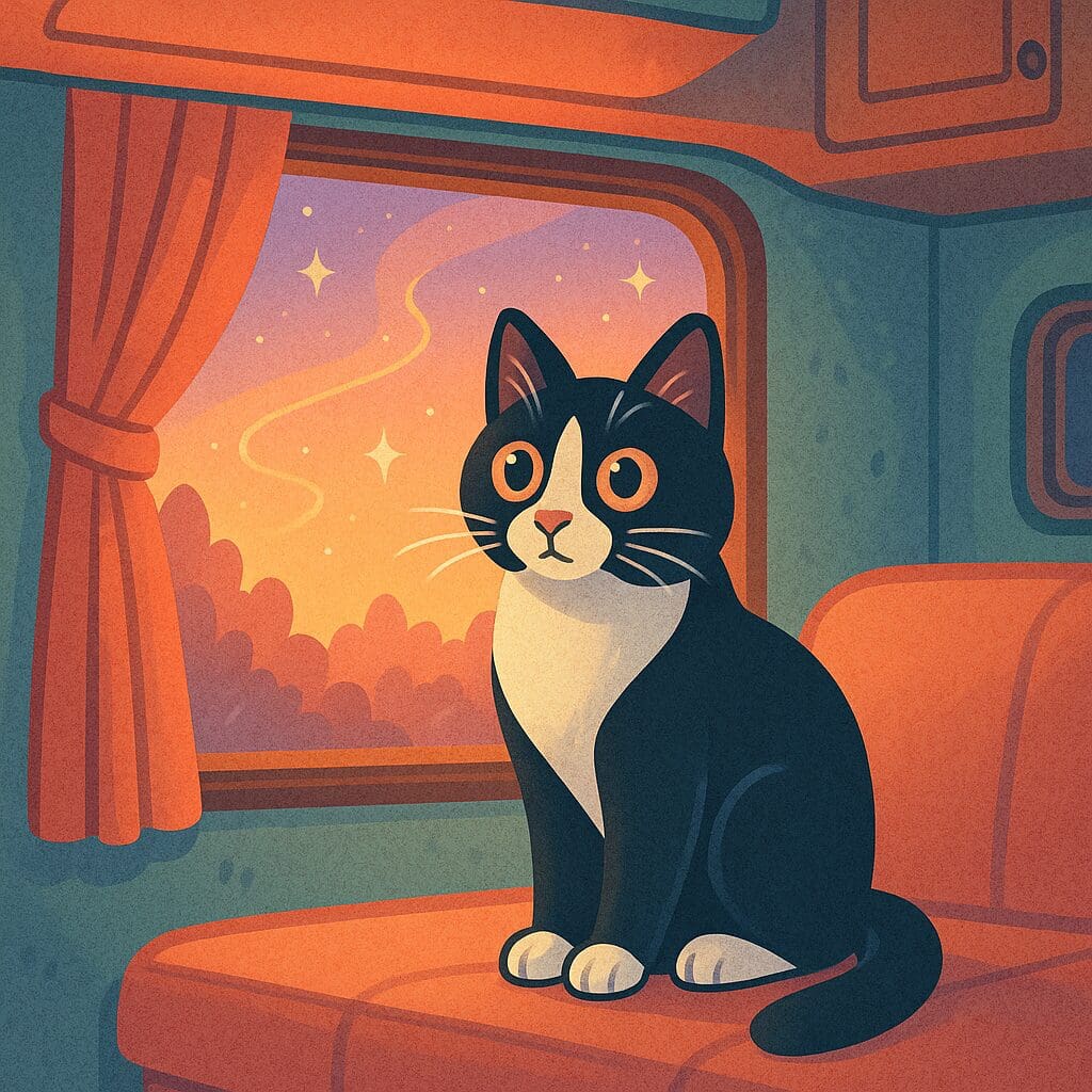 An animated picture of Jake the Cat inside the RV looking just a little worried.