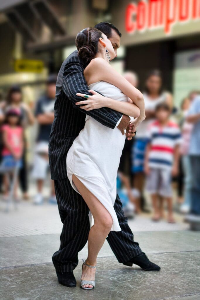Couple dancing tango in the streets of Buenos Aires, Argentina – a highlight of the city’s vibrant culture and nightlife.